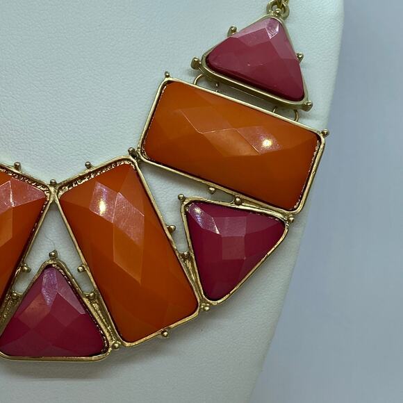 Gold-Tone Pink Orange Pendant Statement Necklace - Picture 4 of 8